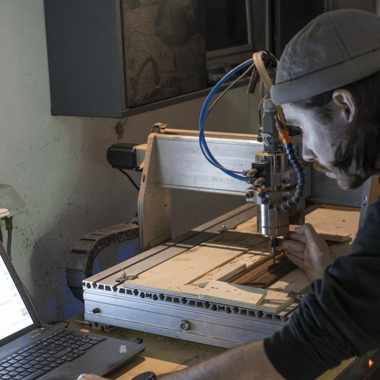 Person die an einer CNC Maschine arbeitet