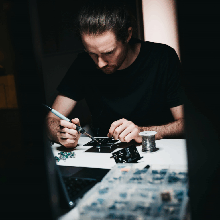 Person die eine Audio Platine lötet