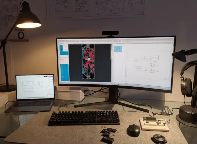 Schreibtisch mit Displays auf dem EDA und CAD Software laufen